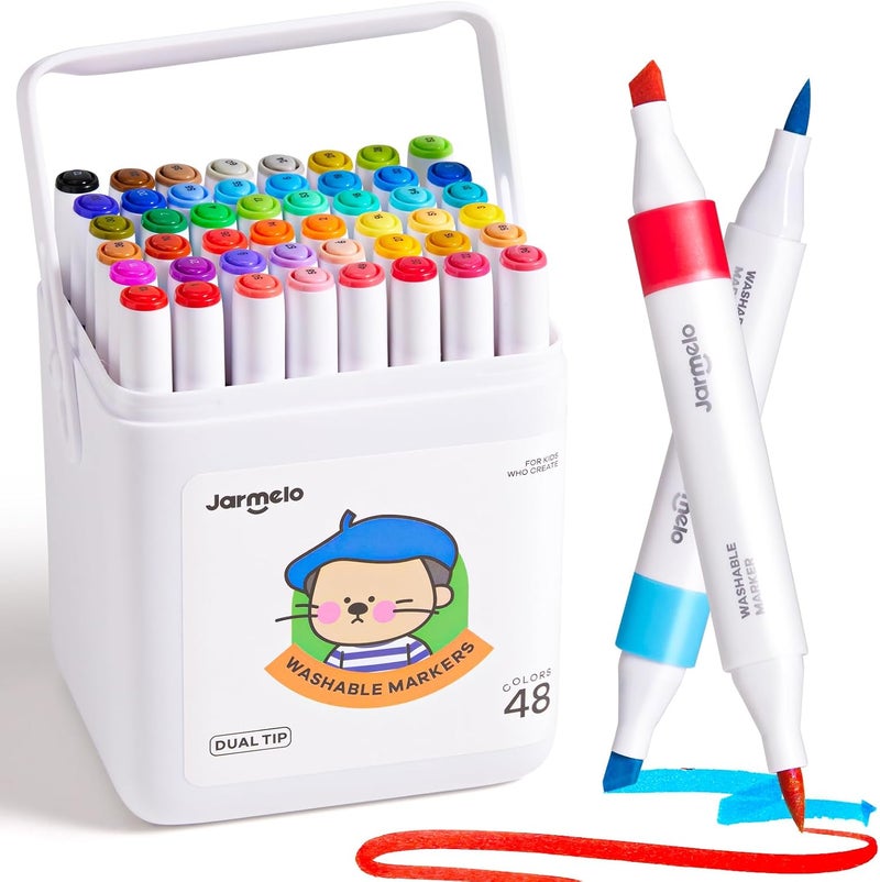 JARMELO Washable Dual Tip Markers for Kids Ages 8-12, Brush & Chisel Tip, Water-Based Coloring Markers, Double-Tipped 48 Colors Marker Set with Storage Case, School Art Supplies for Boys & Girls - Image 1